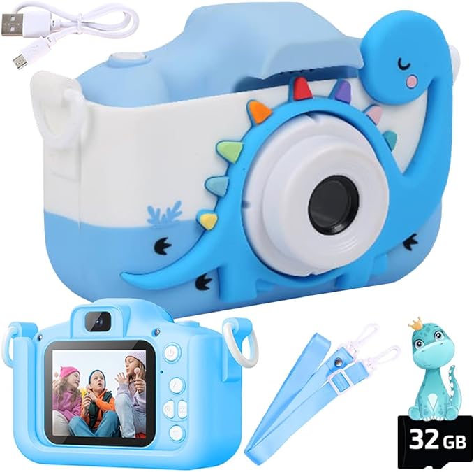Wembley Kids Camera for Boys & Girls 3–8 Years | Digital Camera for Kids 1080P Selfie Video | Toddler Camera Rechargeable with Games | 32GB Card | Silicone Cover | Dinosaur Birthday Gift - Blue