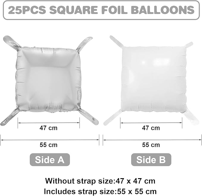 Silver White Square Foil Balloon Wall,25Pcs Double Sided Foil Balloons Backdrop Helium Tunnel Arch Garland Kit for Birthday Bridal Anniversary Baby Shower Winter Party Decorations
