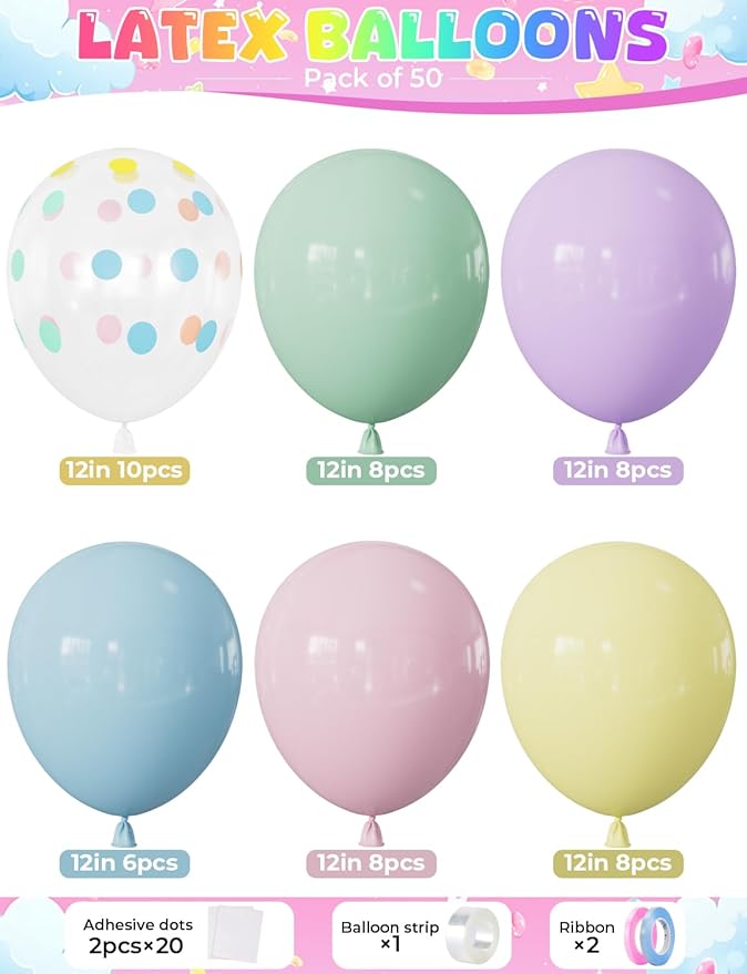 Pastel Balloons, 50PCS 12 Inch Easter Balloons with Clear Polka Dot Balloon, Macaron Pink, Blue, Green, Purple & Yellow for Birthday, Baby Shower & Spring Party Decorations