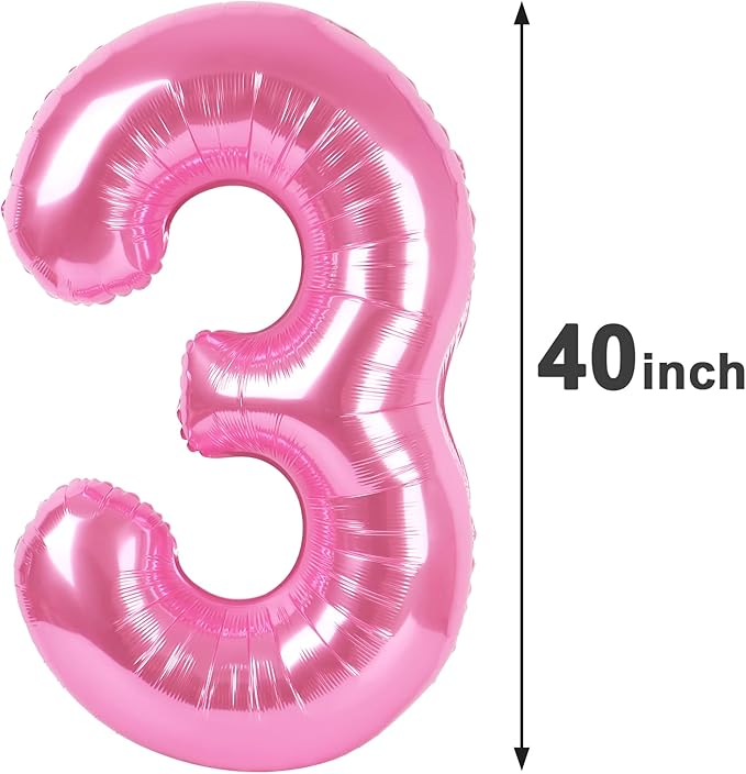Large Pink 3 Number Balloon 40 Inch, 3 13 23 30 33 36 38 Pink Birthday Party Decorations, Number Three Foil Balloons for Anniversary Party Graduations Celebration Supplies
