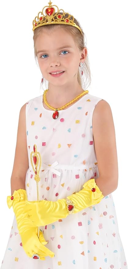 Princess Dress Up Party Accessories for Princess Costume Gloves Tiara Wand Necklace Earrings Bracelet and Ring Gift Set 9pcs (Yellow, Set of 7, 9pcs)
