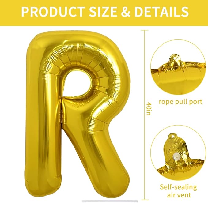 TONIFUL 40 Inch Large Gold Letter R Balloons, Foil Mylar Big Balloons for Birthday Party Anniversary Supplies Decorations
