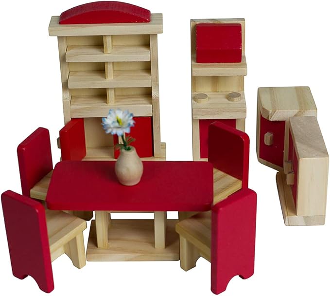 Seanmi Wooden Dollhouse Furniture - 5 Sets, 1:12 Scale Doll House Furnishings, 35 Pieces of Dollhouse Accessories (Living Room, Kitchen, Dining Room, Bedroom, Bathroom)