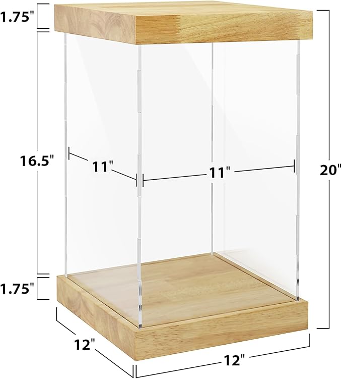 BenchPro Clear Acrylic Display Case for Trophy, Collectibles, Assemble Cube Display Box Stand Dust Proof Protection Showcase for Action Figures Toys. (1.75" Thick Wood, 20" H x 12" L x 12" D)