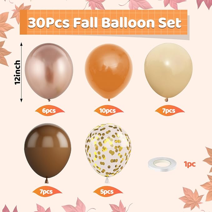Fall Balloons,12 Inch Brown Burnt Orange Nude Champagne Gold and Confetti Balloons for Fall Baby Shower Autumn Birthday Wedding Halloween Thanksgiving Party Decorations