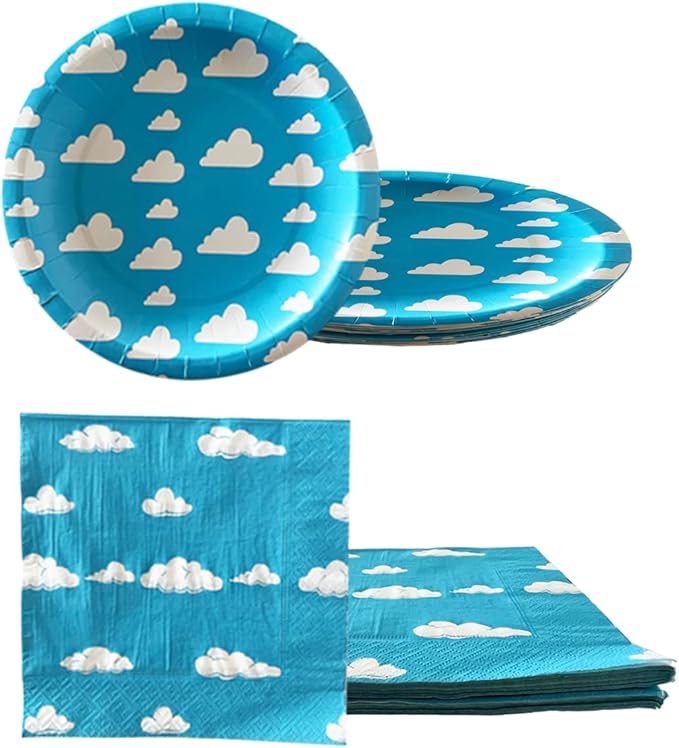 Blue Sky White Clouds Birthday Party Supplies, 20 Plates and 20 Napkins and Tablecloth71 '' x 42.5 '', Blue Sky Cartoon Theme Birthday Party Decorations for Baby Kids Shower