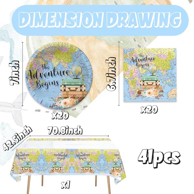 41pcs Adventure World Awaits Map Party Supplies ,include 20 Dessert Plates, 20 Napkin and 1pcs Tablecloth, Adventure World Awaits Map Party Set Used for The Adventure Begin Birthday Party Decoration