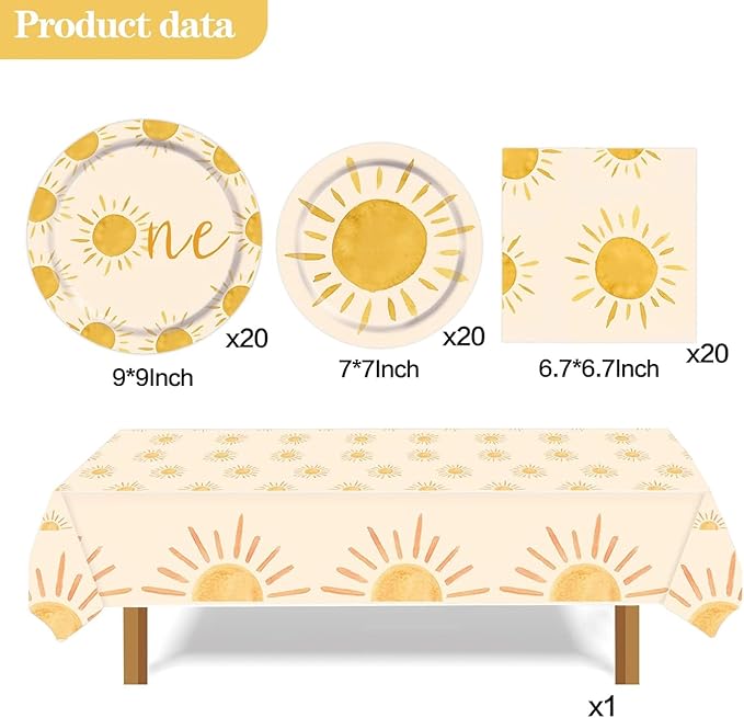 Boho Sun Party Decorations for Birthday Sun Party Tableware Includes Bohemia Sunshine Plates Napkins Tablecloth | Serves 20 Sun Party Supplies for Baby Shower