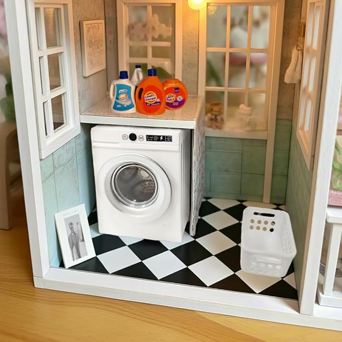 1:12 Scale Miniature Electric Washing Machine and Laundry Set, Realistic Dollhouse Accessories, Toy Washing Machine