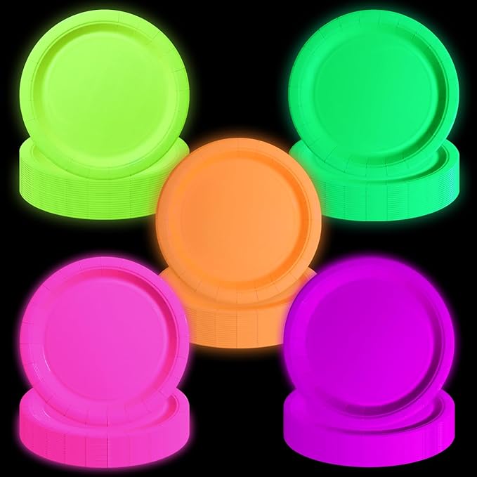 100 Pcs Glow in the Dark Neon Party Supplies, 5 Color Neon Birthday Plates Disposable Paper Plates for Let's Glow Party Decorations Halloween, 9 x 9 inches