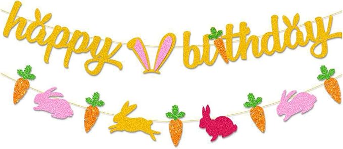 Zwiebeco Gold Happy Birthday Easter Banner Bunny Carrot Bunting Garland Hanging Paper Party Decoration Supplies for Spring Boys Girls Kids Baby Shower Bday Decor Accessories Supplies