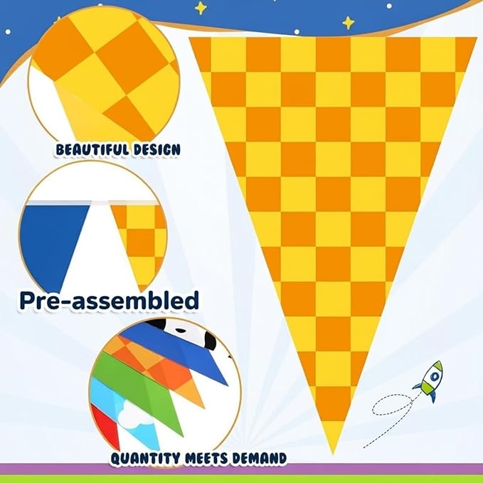 Pasimy 5 Pcs 49.2Ft Cartoon Birthday Party Decorations Blue Sky White Clouds and Cow Print Pennant Banners Flags Red Blue Yellow String Triangle Flag Banner for Baby Shower Birthday Party Decorations