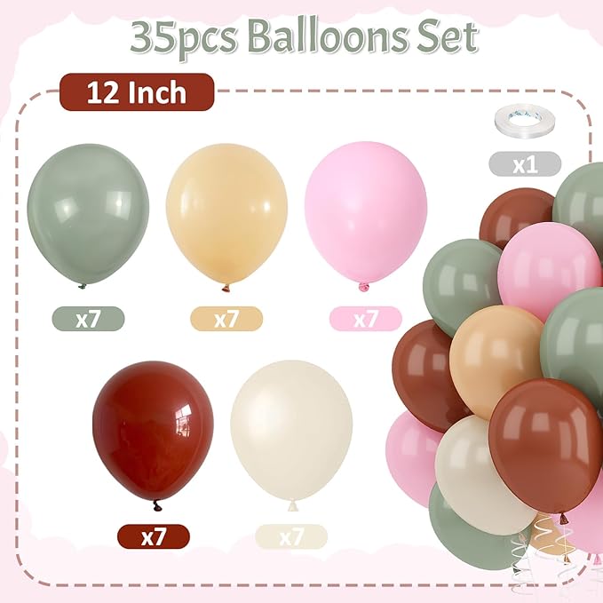 Sage Green Pink Balloons 12inch Dusty Green Pink Brown Balloon for Wild One Girls Birthday Safari Jungle Party Decorations Fog Green Beige Nude Blush Coffee Brown Latex Helium Balloon for Arch