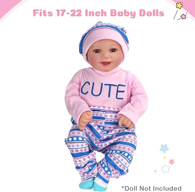 BABESIDE 4 Pcs Reborn Baby Doll Clothes Set for 17-22 Inch Babydolls, Cute Cat Pattern Baby Doll Accessories with Hat Socks for Realistic Baby Dolls Accessories, Pink