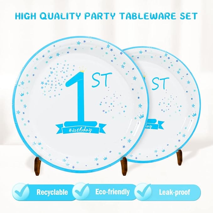 1st Birthday Decorations for Boys Blue First Birthday Party Tableware Set Baby boy Party Dessert Plates Napkins for 25 Guests