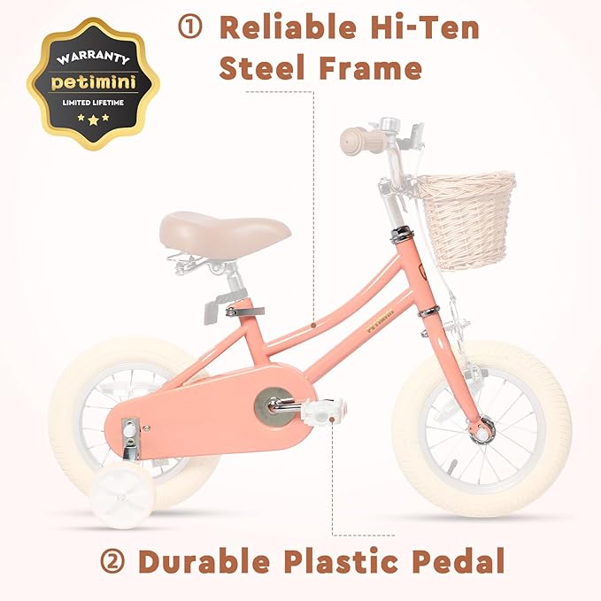 Petimini Vintage Kids Bike for Girls, 12–20 Inch Classic Bicycle with Wicker Basket & Bell, High Tensile Steel Frame, Training Wheels (12–18”), 85% Pre-Assembled, Retro Bike for Outdoor Riding