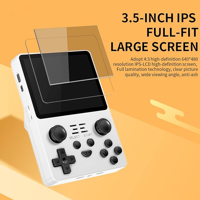 Powkiddy RGB20S Handheld Game Console, 3.5 Inch IPS Screen, 15,000 Built-in Games, 64GB, White, Linux Platform, Battery Powered (White)