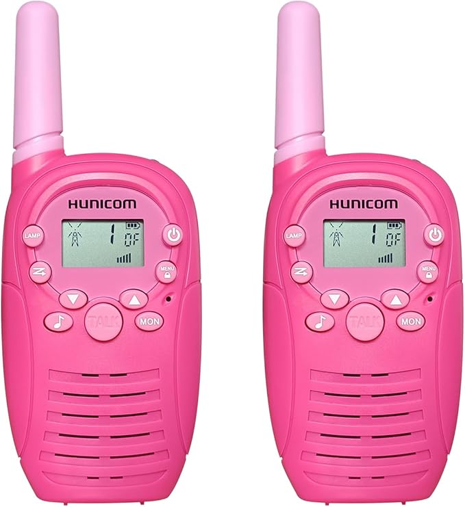 HUNICOM Kids Walkie Talkies with 3KM Range, 99 Privacy Codes, VOX Hands-Free, Built-in Flashlight & 10 Call Tones – Ideal for Outdoor Adventures, Family & Team Use (Pink)