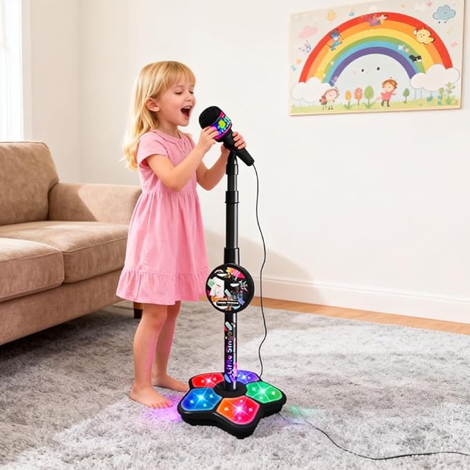 2026 New Kids Star Microphone with Stand - Portable Karaoke Machine Toy with Built-in Music, Colorful Lights & Echo Effects, Adjustable Height for Singing, Music Play