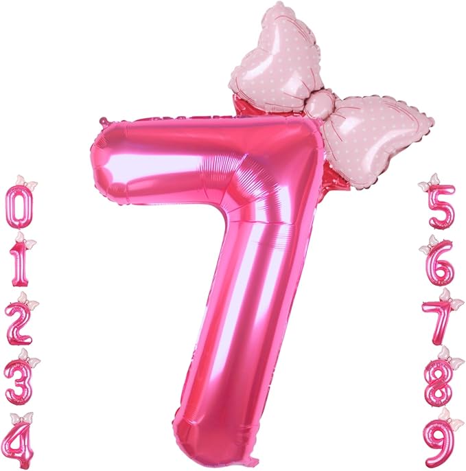 40 Inch Pink Number 7 Balloon with Mini Bow Balloon for Girls 7th Birthday Decorations, Pink Girl Mouse Princess Western Cowgirl Theme Birthday Party Balloons Decorations Supplies