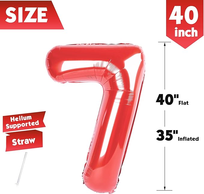 40 Inch Red Number 7 Balloon, Giant 7 Number Balloons for 7th Birthday Decorations, Party Supplies for Baby Boy Girl, Red Party Decor