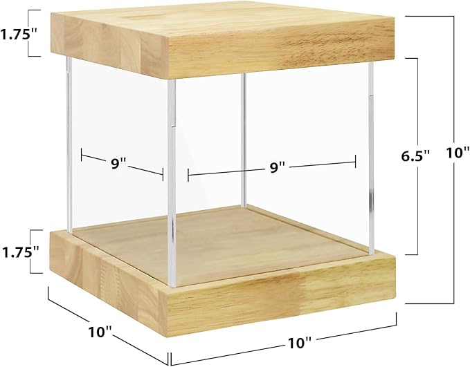 BenchPro Clear Acrylic Display Case for Trophy, Collectibles, Assemble Cube Display Box Stand Dust Proof Protection Showcase for Action Figures Toys. (1.75" Thick Wood, 10" H x 10" L x 10" D)