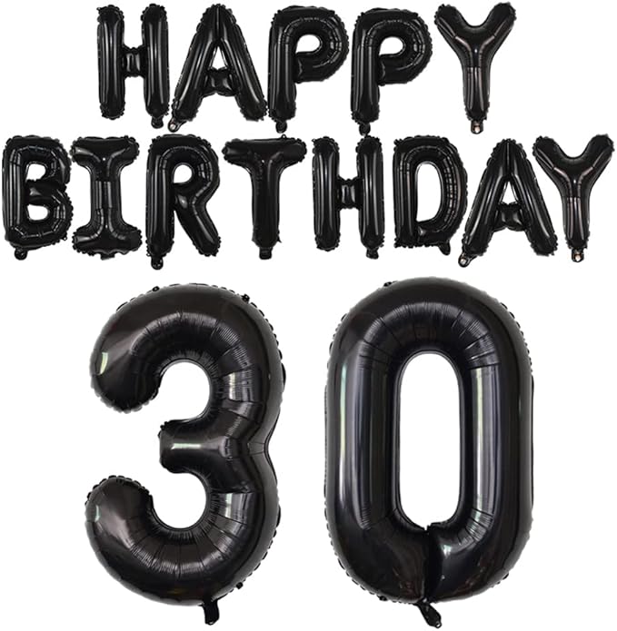 Happy Birthday Balloon Banner 40 inch 30 Balloon Number 16 Inch Happy Birthday Letters Balloons Black Foil Mylar Balloons for Women and Man 30th Birthday Decorations Party Supplies