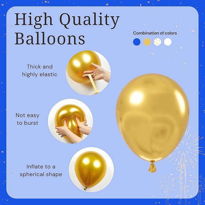 Royal Blue Gold White balloons, 60pcs 12 Inch Navy Blue Metallic Gold Confetti Balloon for Wedding Graduation Baby Shower Birthday Decorations
