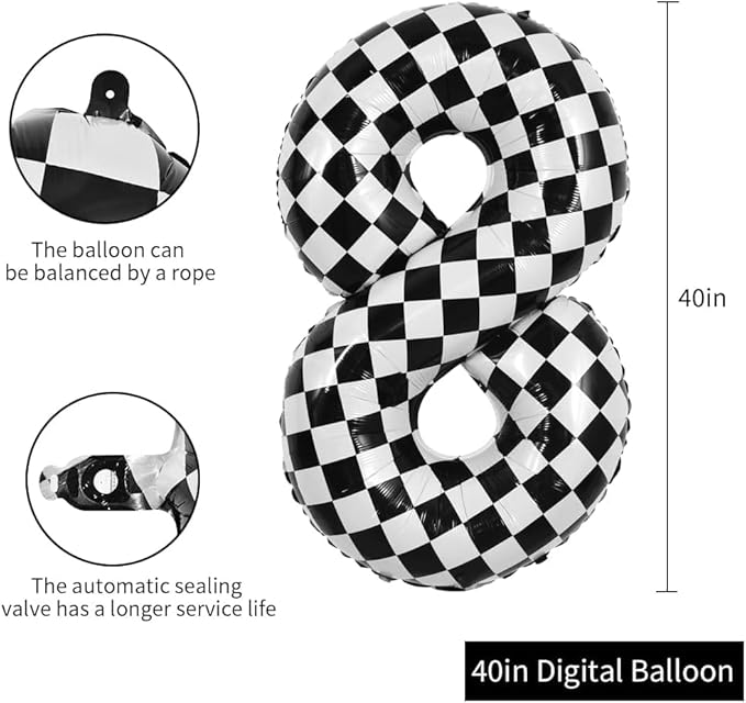 TONIFUL 40 Inch Checkered Number 8 Balloon 8th Race Car Birthday Party Supplies Black and White Large Number Balloon for Girls Boys 8th Birthday Fast Race Car Flag Party Decorations