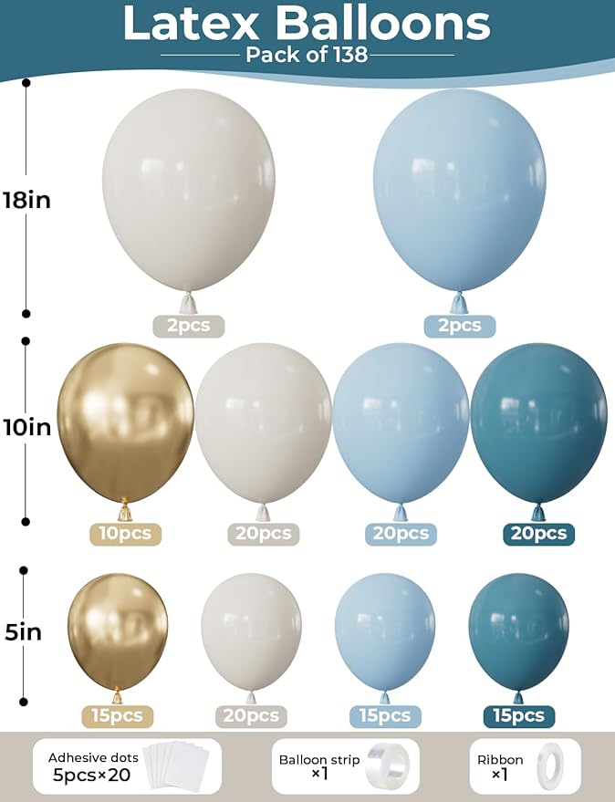 Dusty Blue Balloon Arch Garland Kit, 134PCS Ivory White, Slate Fog, Baby Blue and Gold Balloons for Baby Shower, Gender Reveal, Birthday Backdrop, Wedding, Bridal Shower Party Decor