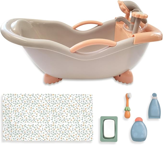 JC Toys - for Keeps Playtime! | Baby Doll Real Working Bath Set | Fits Dolls up to 16" | Shower and Faucet Really Work | Play Accessories | Ages 2+ | Earth Tone Colors