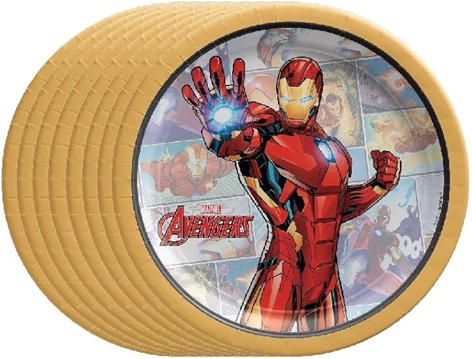 Iron Man Birthday Party Supplies Bundle includes 24 Dessert Cake Paper Plates 7" and 1 Dinosaur Sticker Sheet