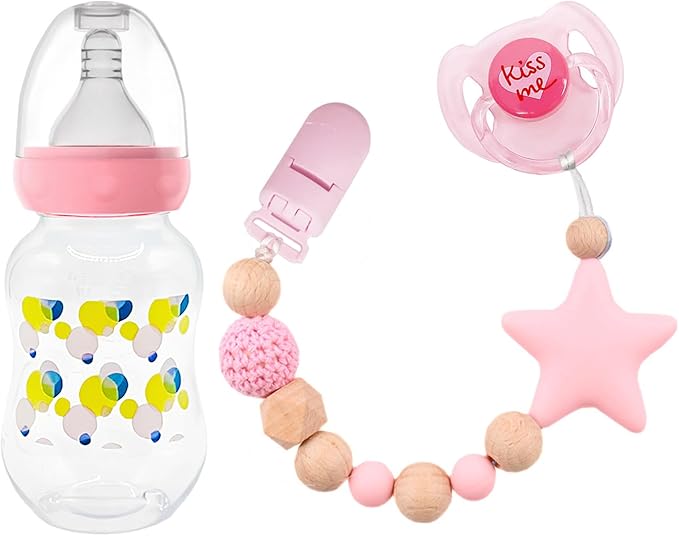 3 Pcs Reborn Baby Doll Magnetic Pacifier Feeding Set, Realistic Reborn Doll Accessories with Reborn Bottle, Magnetic Doll Binky & Star Clip, Pink Pretend Play Toy for Kids Gift