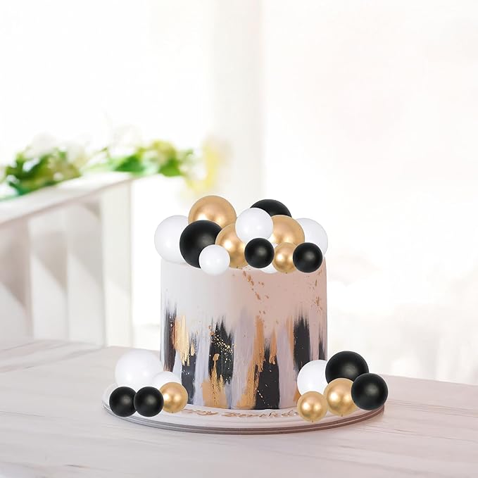 Gyufise 30Pcs Black White Gold Ball Cake Toppers Mini Balloon Cupcake Toppers DIY Foam Ball Cake Insert Decoration for Wedding Anniversary Birthday Party Supplies