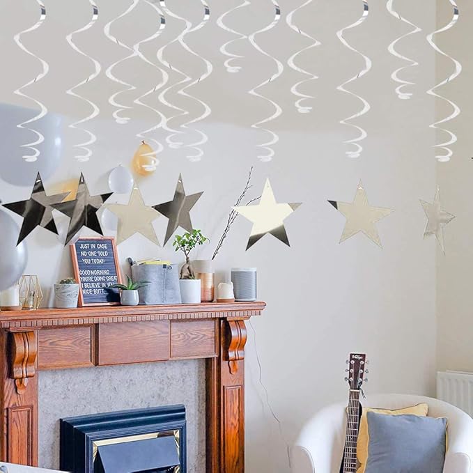 BEISHIDA Silver Star Hanging Swirl Decorations,Hanging Silver Party Supplies for Graduation Wedding Baby Shower Decorations, Pack of 15