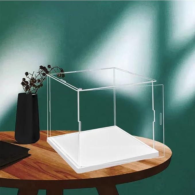Side Opening Door Clear Acrylic Display Case-Assemble Countertop Box with White Base,Dustproof Protection Showcase for Action Figures Toys Collectibles (10x10x10cm/4x4x4inch)