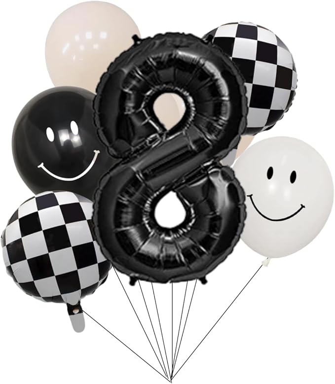 100% LIKED-One Happy Dude Balloon Set, 40” Black Number|Black & White Smiley Face Latex |Checkered Foil for One Happy Dude Birthday Decorations, Baby Shower, 8th Birthday Party Supplies (Black8th)