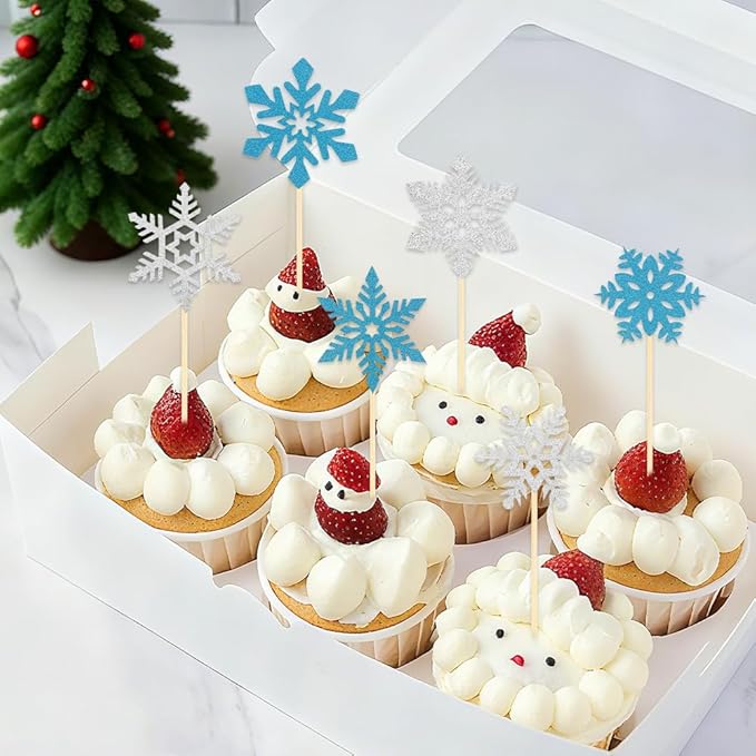 Snowflake Cupcake Toppers, 24PCS Glitter Winter Frozen Cupcake Picks Cake Decorations, Blue and Silver Snowflake Food Picks Topper for Christmas Winter Wonderland Baby Shower Party Decoration Supplies