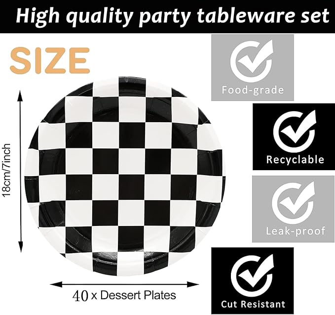 40 Pcs Race Car Birthday Party Supplies Black and White Checkered Party Supplies 7"Checkered Paper Plate,Black White Plate for Kids Car Sports Themed Racing Birthday Party Decorations (Black White)