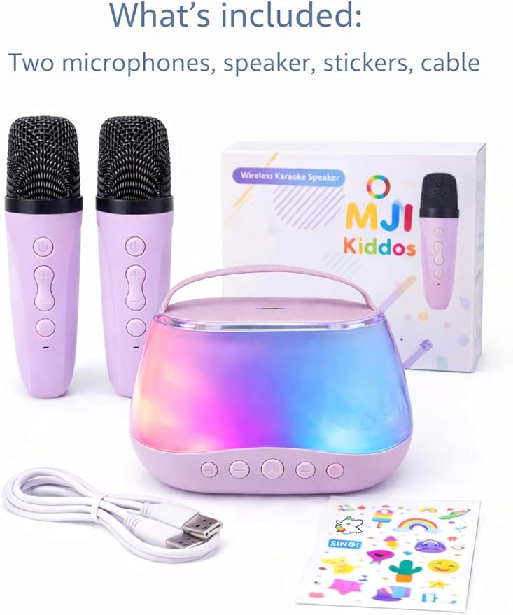 Kids Karaoke Machine with 2 Wireless Microphones, Bluetooth Speaker with Voice Changer & LED Lights, Portable Singing Toy Gift for Boys & Girls Ages 3–12