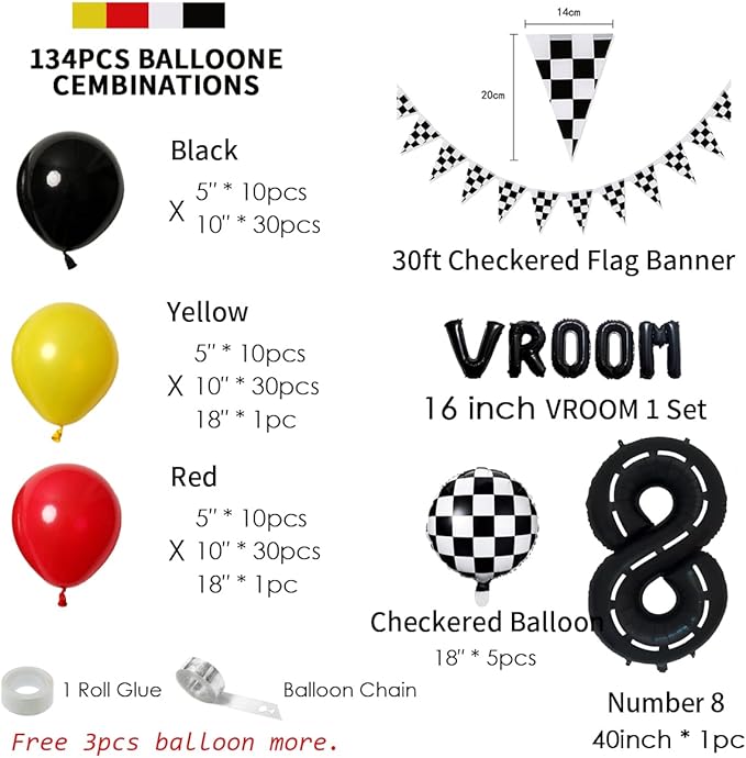 134pcs Race Car Balloon Party Supplies - Racing Car Theme Party Supplies Happy Birthday Racecar Number Balloons Garland Kit (Arch, 8)