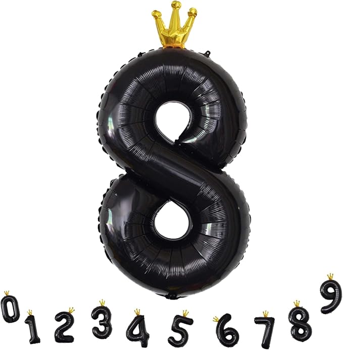 40 Inch Black Number Balloons, Big Crown Foil Number 8 Balloons for Kids 8th Birthday, Self Inflating Balloon Decorations 0-9 Set for Girls Boys Birthday Party Decoration Anniversary Party Supplies