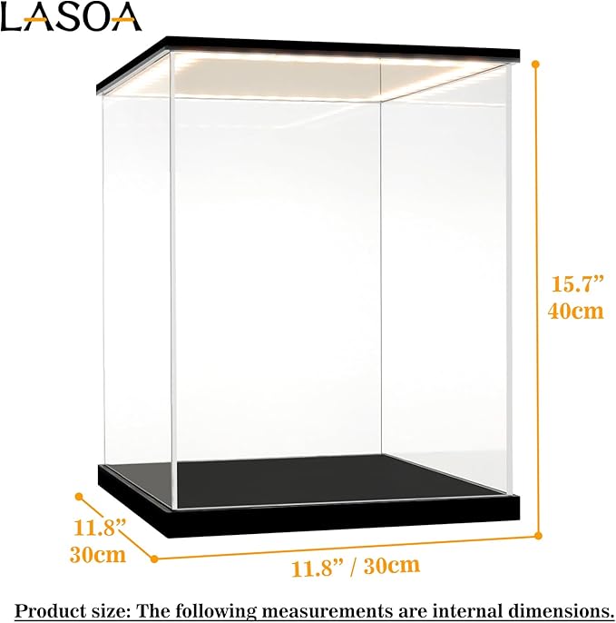 LASOA Acrylic Display Case with RGBW Color Changing LED Light, Clear Display Box for Action Figures and Collectibles, Self-Assembly Dustproof Showcase with Black Base, 11.8x11.8x15.7inch