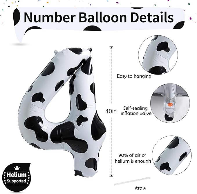 40 Inch Cow Print 4 Balloons Number for Kids, Big Self Inflating Foil Number Balloons for Girls Boys 4th Birthday Party Farm Animal Theme Baby Shower Cowboy Cowgirl Theme Party Decorations Supplies
