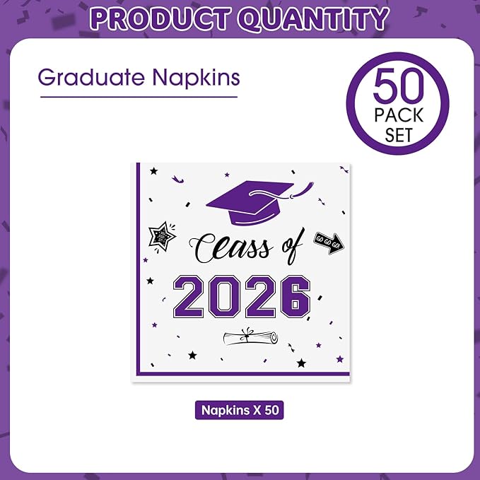 50 Pcs Graduation Napkins Decorations - Purple Class of 2026 Congrats GRAD 3-Ply Paper Cocktail Dinner Napkins Set for 2026 Graduation Party Supplies Table Decor Favors, 6.5 x 6.5 Inch