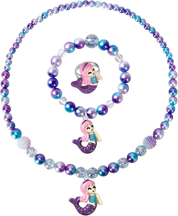 Girls Mermaid Necklace, Bracelet, Ring Set - Dress Up Pretend Play Jewelry Gifts for Kids & Toddlers - Mermaid Party Costume Supplies