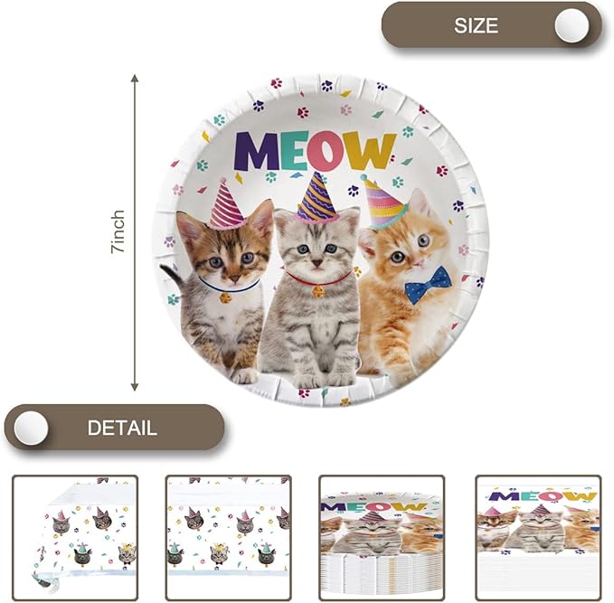 Cat Party Supplies Tableware ,20 Plates and 20 Napkins and Tablecloth71 '' x 42 '',Kids Cat Birthday Theme Party Decorate Supplies