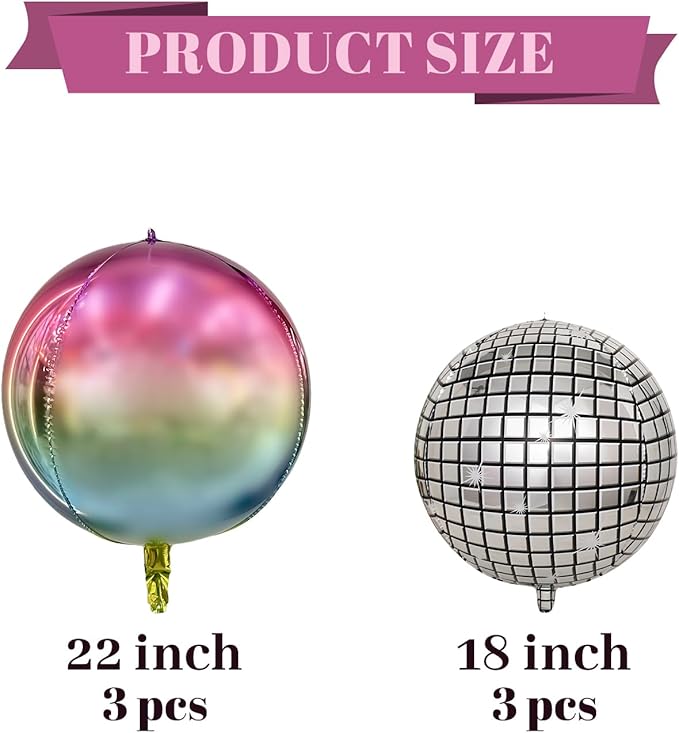 FBQ 6 Pcs 4D Giant Round 18 Inch Disco Foil Balloons 22 Inch Gradient Round Foil Balloons 70s 80s 90s Party Disco Themed Bachelorette Party Birthday Party Dancing Decorations Supplies
