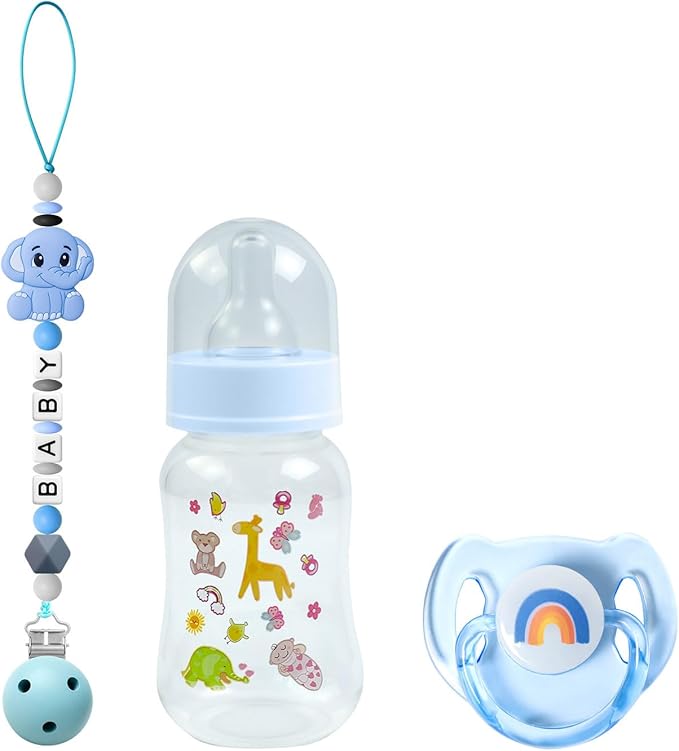 SCOM Reborn Baby Doll Accessories Set - Rainbow Transparent Magnetic Pacifiers & Removable Reusable Baby Doll Bottles with Silicone Pacifier Clips for Reborn Dolls Girls, Blue Style, 3 Pcs