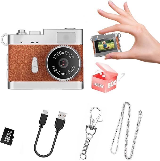 KOOMTOOM Keychain Camera,720P HD Mini Retro Camera,Tiny Digital Photocamera with 32GB SD Card,0.96'' Pocket Video Recorder Gift for Kids Students,Suprise Box Included(K142 - Red Brown)